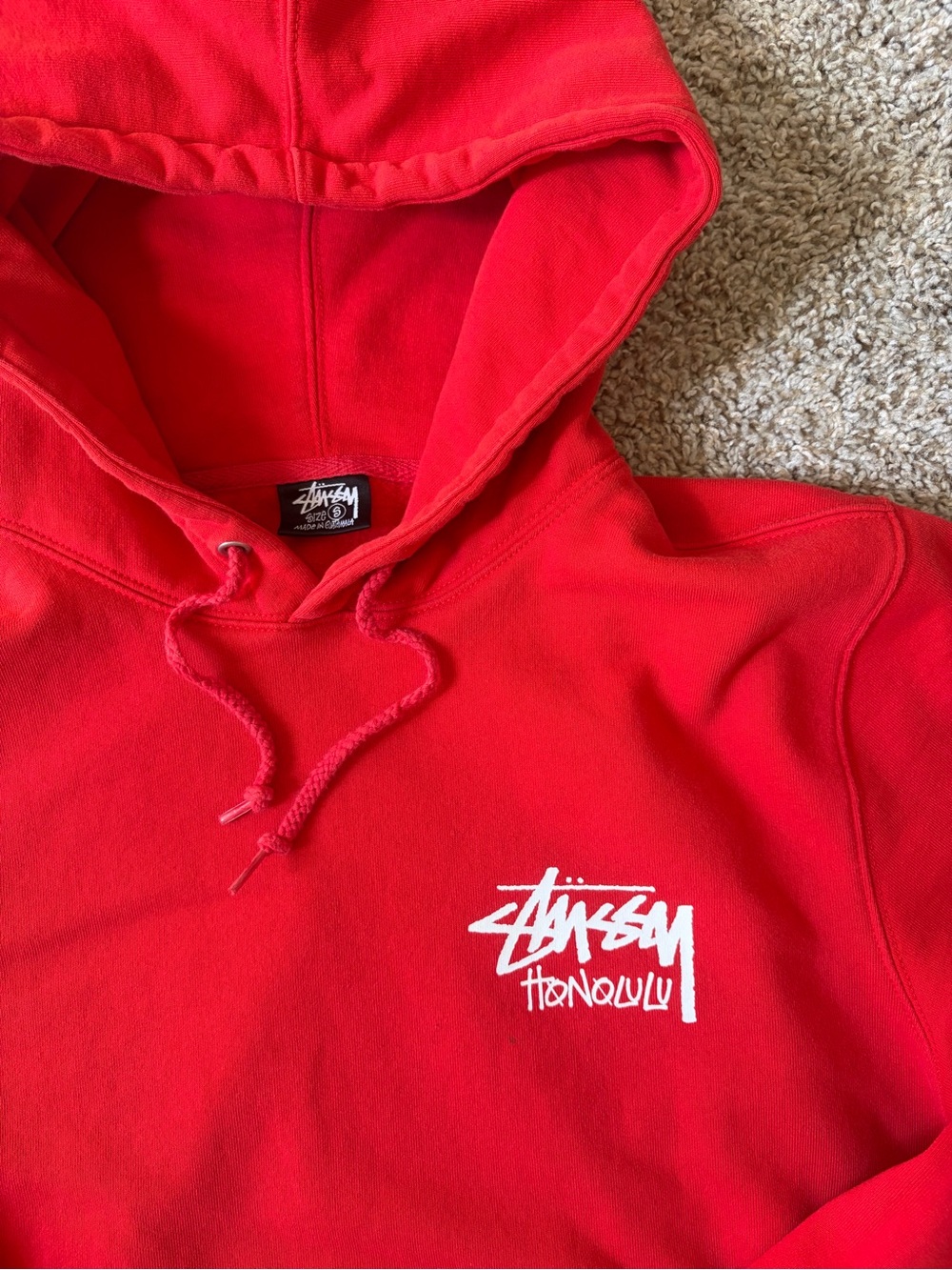 Stussy Red Pullover Hoodie with White Honolulu Logo